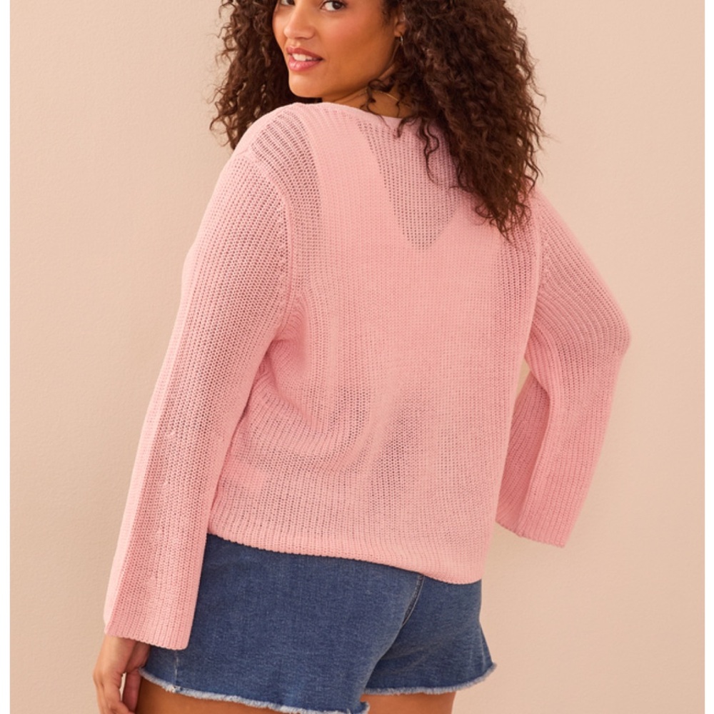 Arula Pink Knit Bell Sleeve Cardigan Sweater 2X V-Neck Cropped Slouchy Coquette - Picture 5 of 9